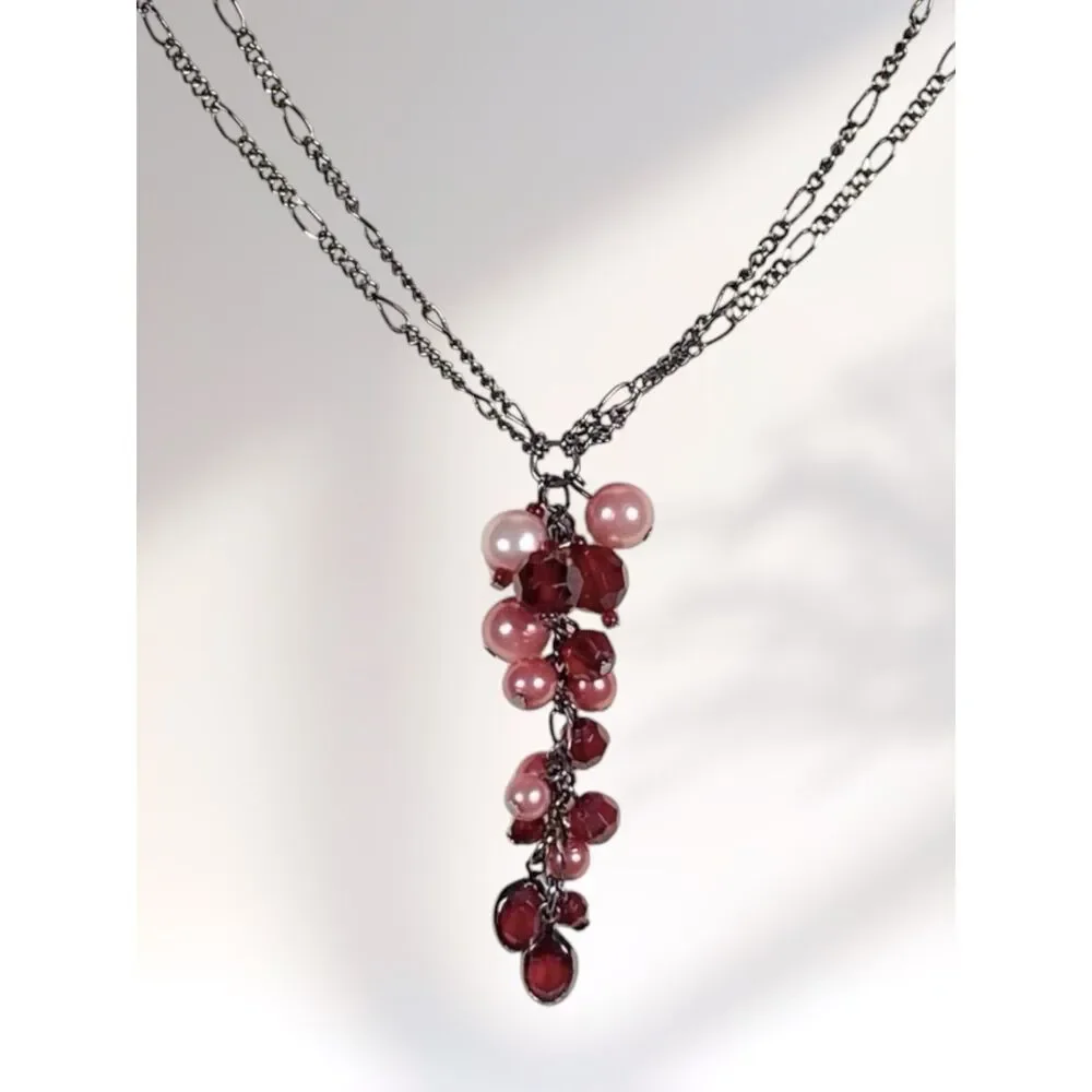 1928 Necklace Red Pink Bead Cluster Y Drop Dangle Metallic Gray 2 Strand Chain